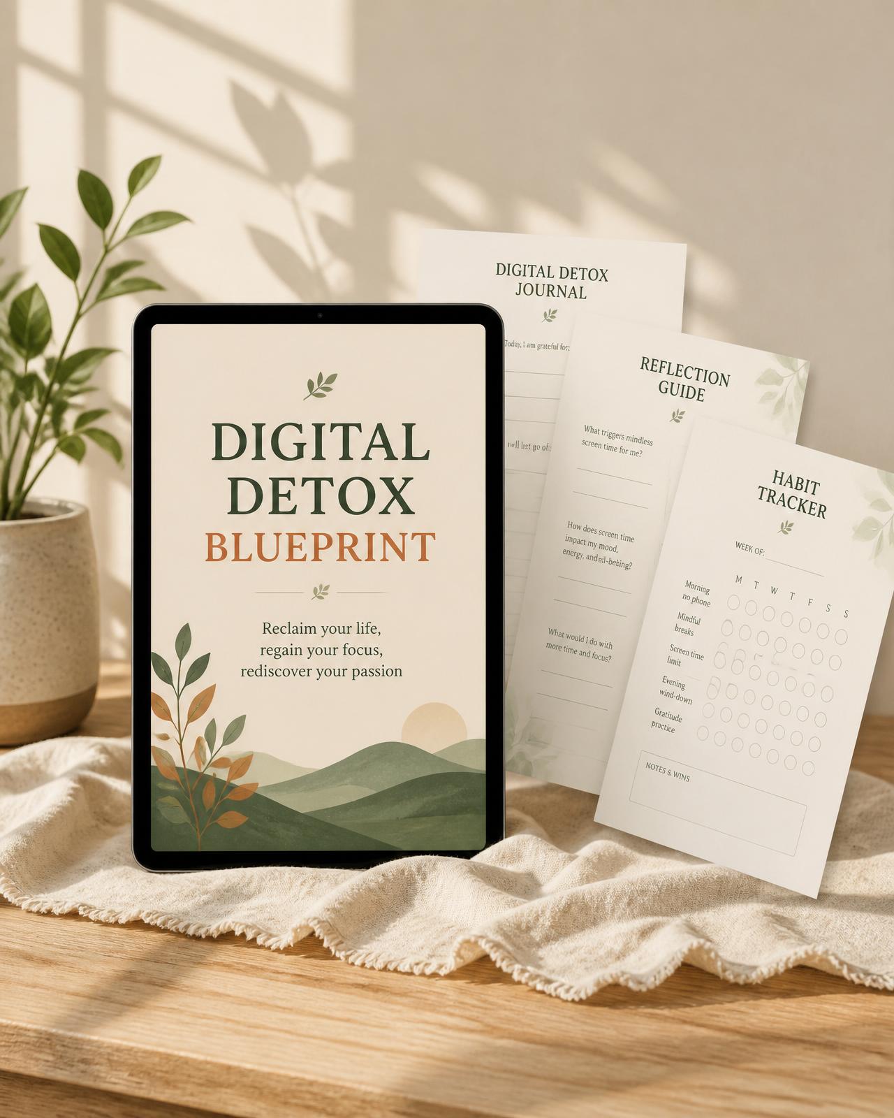 Digital Detox Blueprint tablet mockup with Reflection Guide, Journal and Habit Tracker on a light oak table